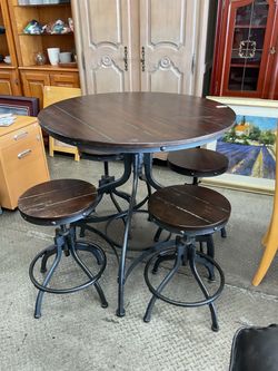 5Pc Industrial Style Dining Set, Round Table And Stools, Adjustable Height