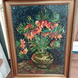 Vintage Vincent Van Gogh Crown Imperial Fritillaries Flowers Needlepoint Cross Stitch Crewel Embroidery Framed Based Off Art Painting 