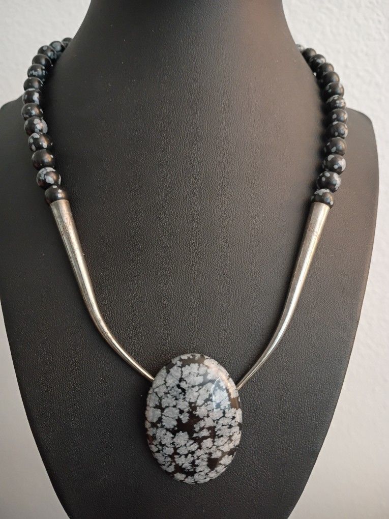 925 Sterling Silver & Snowflake Obsidian Necklace