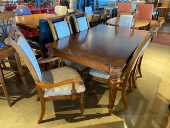 Rectangular Dining Table with 6 White Floral Chairs