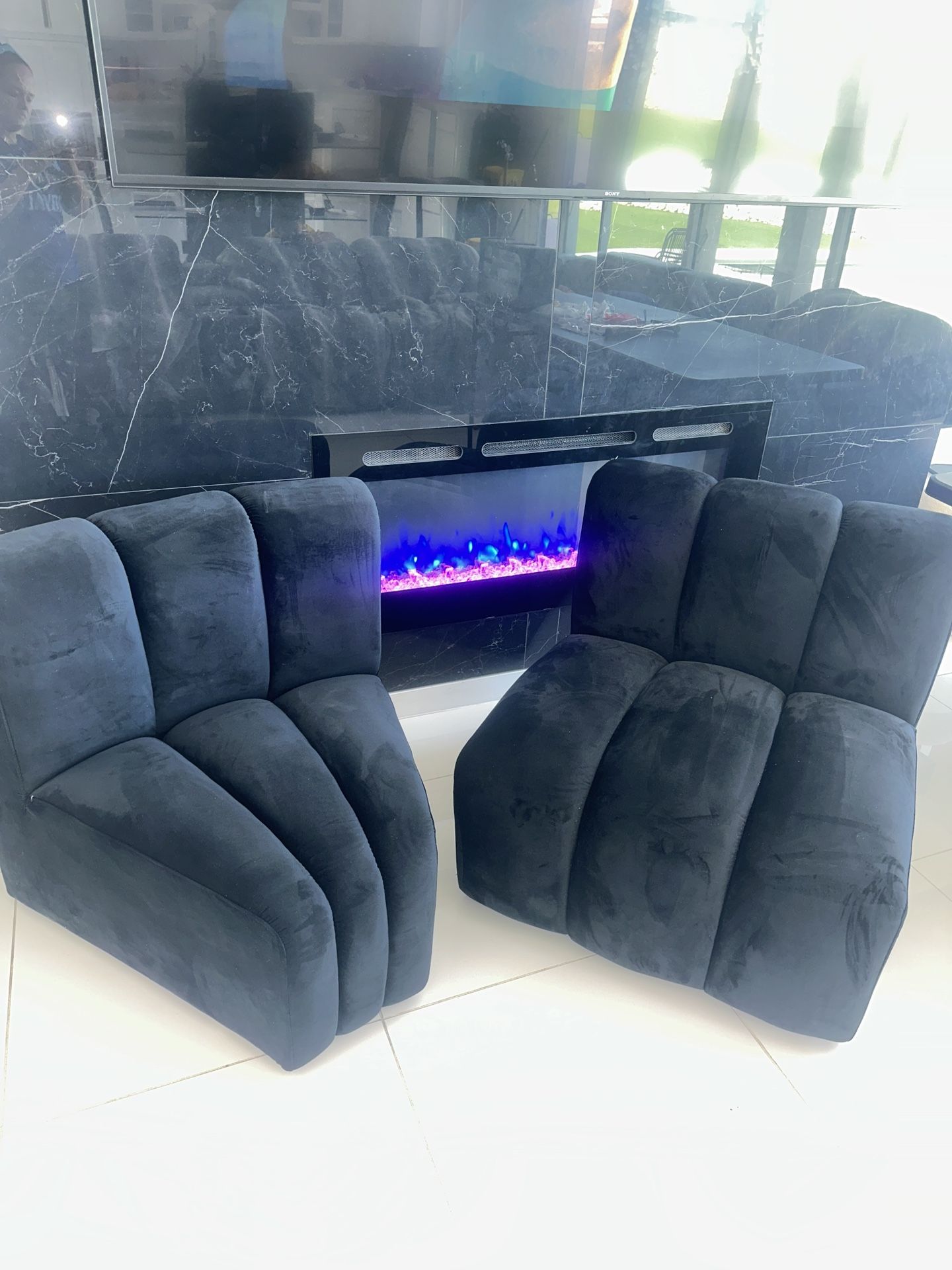Black furniture modern arc living room house home velvet velour contemporary 2 piece sectional