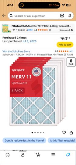SpiroPure 17.5x21x1 MERV 11 Pleated Filter Air Filters (6 Pack)
