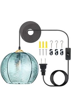 Plug in Glass Pendant Light Mid-Century Modern Striped Green Glass Hanging Ceiling Lighting Fixture with 14.7FT Cord, Globe Decor Chandelier For Livin