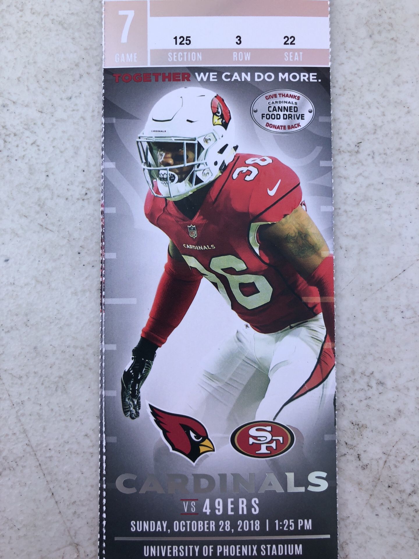 2 AZ CARDINALS VS SF NINERS TICKETS! 3RD ROW AISLE 5YD LINE SECTION 125