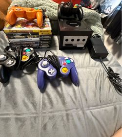Nintendo GameCube with games and memory cards