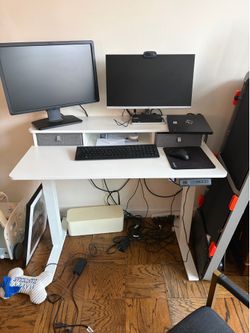 FEZIBO 40 x 24 Inch Height Adjustable Electric Standing Desk with Double Drawer, Stand Up Desk with Storage Shelf, Sit Stand Desk, White