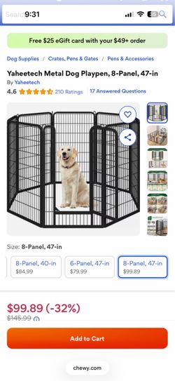 Yaheetech Metal Dog Playpen, 8 panel, 47in