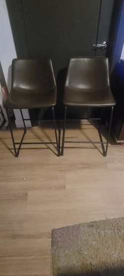 Pair of Mid-Century Modern Faux Leather Bar Stools – Dark Brown/Olive