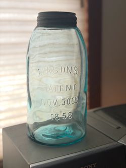 Blue Glass Mason’s Patent Jar w/ Lid, Embossed Nov. 30th 1858
