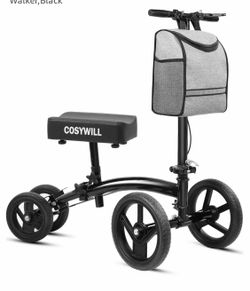 COSYWILL 4-Wheel Knee Walker Scooter w/ Handbrakes, Seat, Storage Bag Black