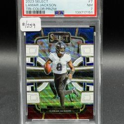 2023 Select Tri-Color Prizm #7 Lamar Jackson #/259 PSA NM 7