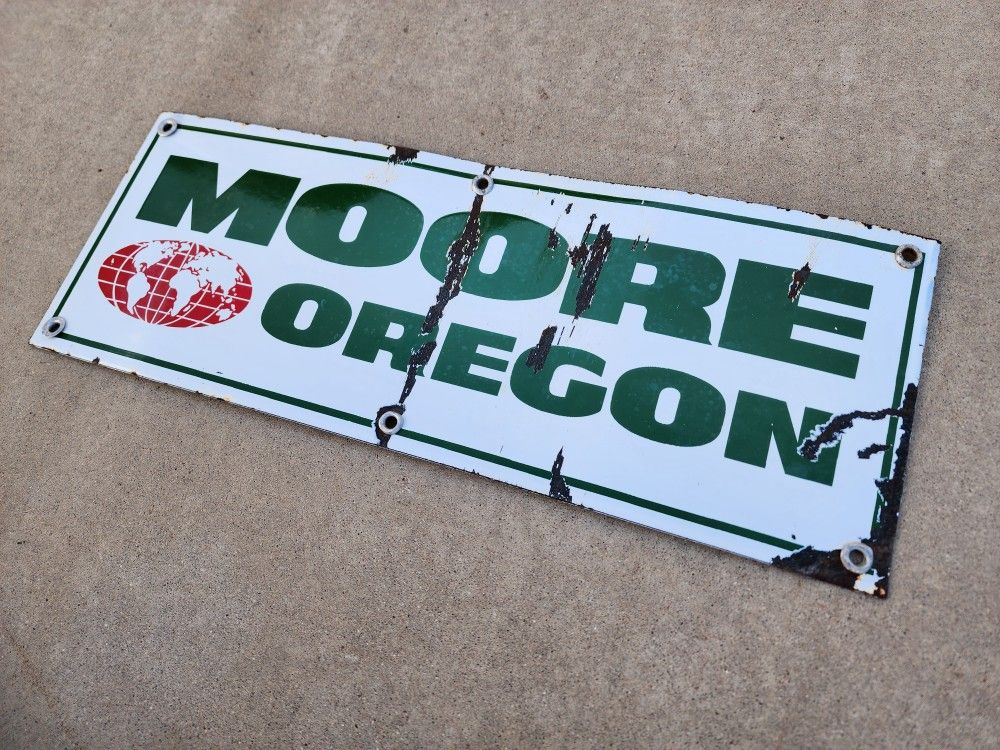 Vintage Signage Moore Oregon Porcelain Enamel Sign 18" x 6-5/8"