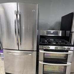 GE french door refrigerator &. LG double oven gas range set stainless steel 