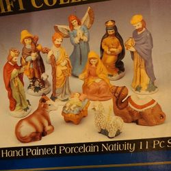 Rare Hand painted porcelain nativity 11 pc. Set. Purchased and never used. Box Damaged, East, West, 