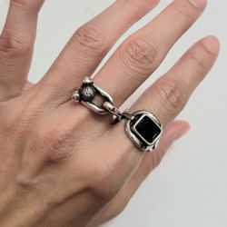 A Set Of 2 925 Sterling Silver Women's Cuff Ring Band Adjustable Size Gift Rings 