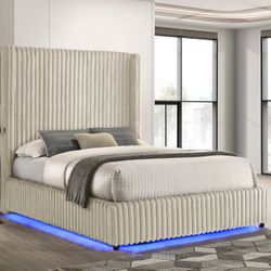 NEW 6FT Tall Cream CorduroyPlatform King Size Bed Frame  LED lights and USB Port Bluetooth