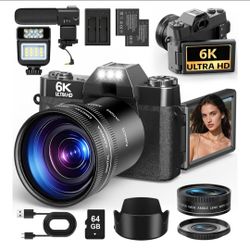 6K Digital Camera, 64MP Vlogging Camera for YouTube, WiFi AF, 3" Flip Screen, 16X Zoom, 18 Filters, Webcam, Time-Lapse, Slow-Mo, 64GB Card, 2 Batterie