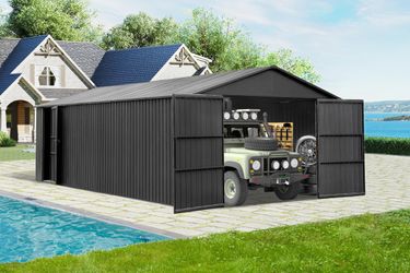 12x25FT Outdoor Metal Garage Shed, Extra Large Metal Carport with Lockable Double Hinged Doors, Heavy Duty Car Shelter for Car, Truck, Motorcycle and 