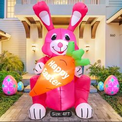 4FT Inflatable Easter Decoration Featuring a Rabbit with a Carrot, Equipped with Built-In LED Lights