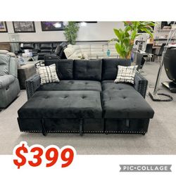 Black velvet sectional sleeper sofa with pull out bed 90" x 61" x 35"H 