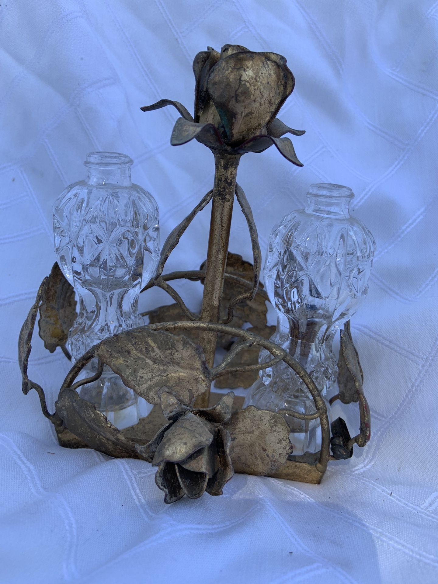 VINTAGE Roses FILIGREE DOUBLE PERFUME BOTTLE HOLDER