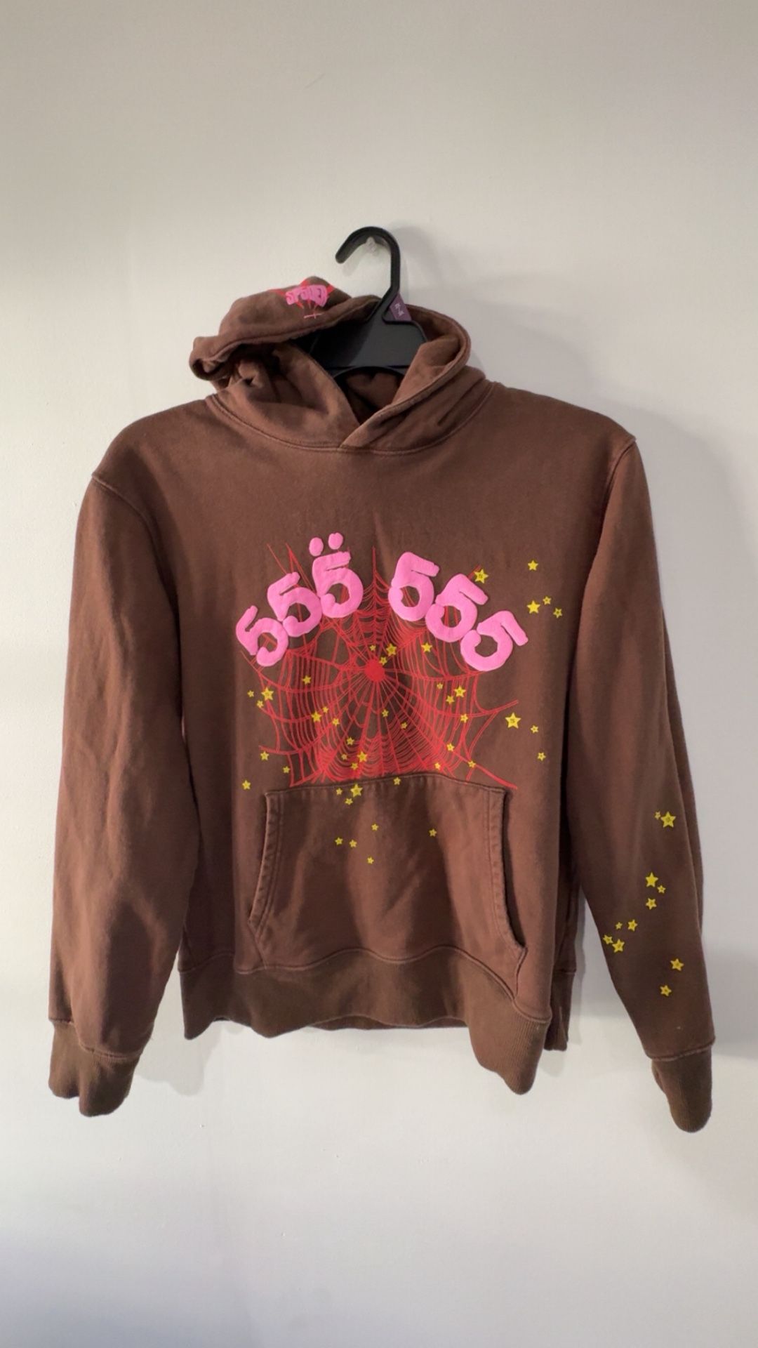 Brown Sp5der Hoodie With Pink Letters
