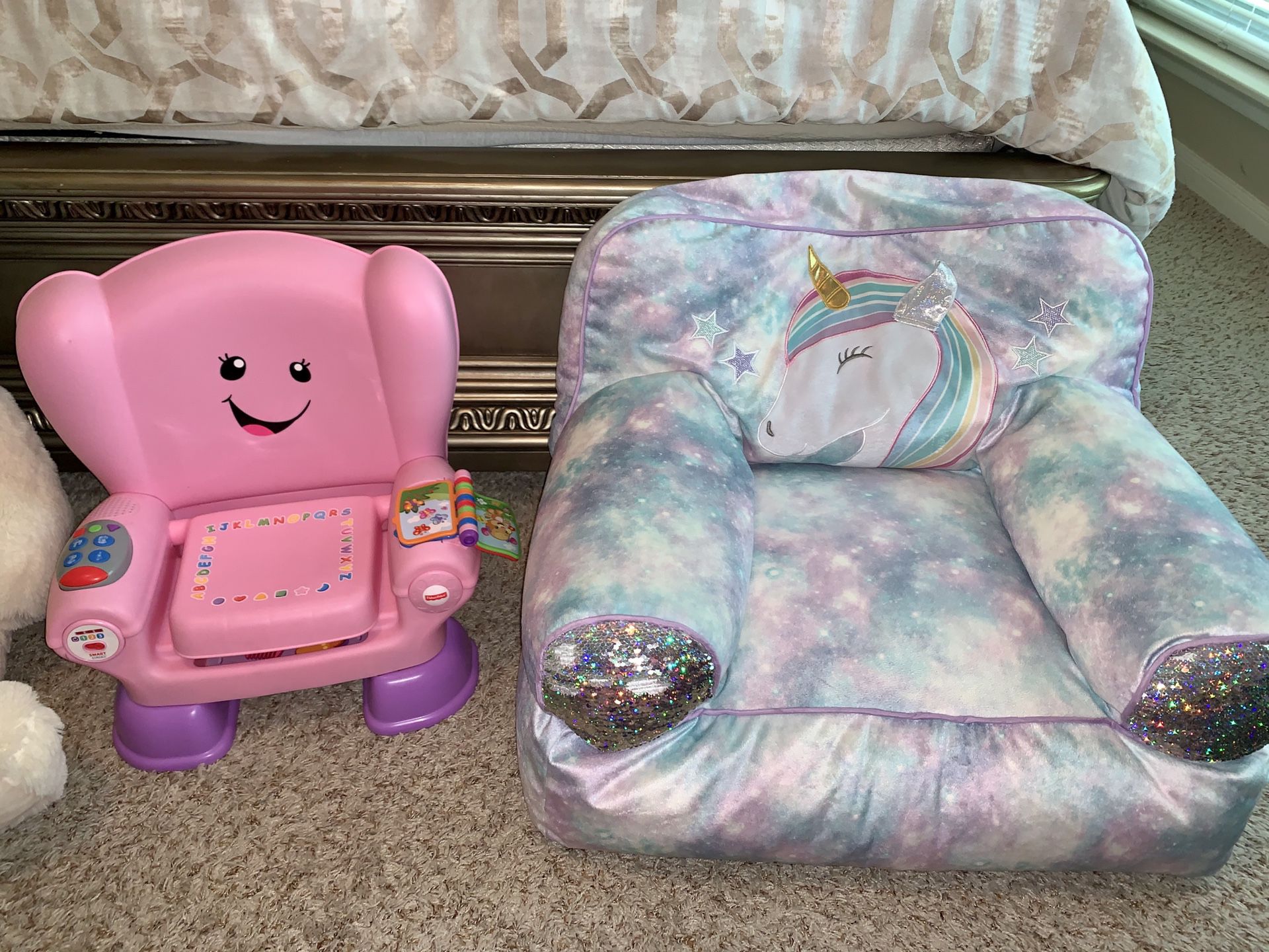 (Talking)Fisher Price Smart stages chair, Unicorn plush chair, Huge stuffed animals