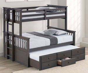 Brand New Grey Twin over Full Bunk Bed w Trundle Bed + Drawers