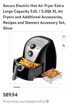 Secura Electric Hot Air Fryer Extra Large Capacity 5.0L / 5.3Qt XL Air Fryers and Additional Accessories, Recipes and Skewers Accessory Set, Sliver