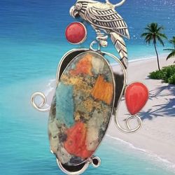 22” Gemstone Necklace, Oyster Turquoise Coral Gemstone Ethnic Bird Pendant Jewelry 3.08" on 925” 22” silver snake chain. 