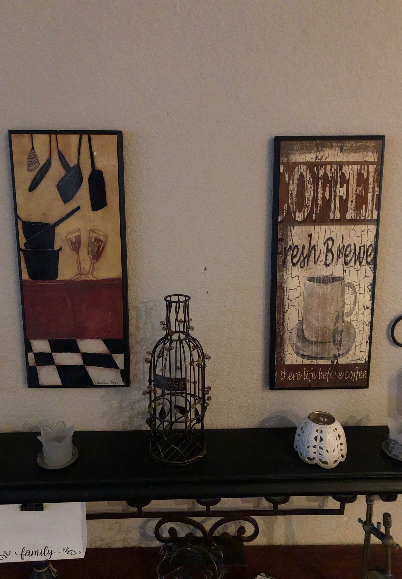 To picture frames metal wire corks bottle 2 rod iron sconces with candles.