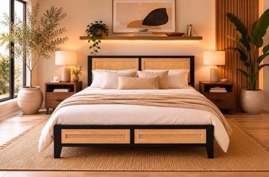 🔥 NEW Queen Size Rattan Bed Frame – Modern Boho Style,California coastal style queen bed M2