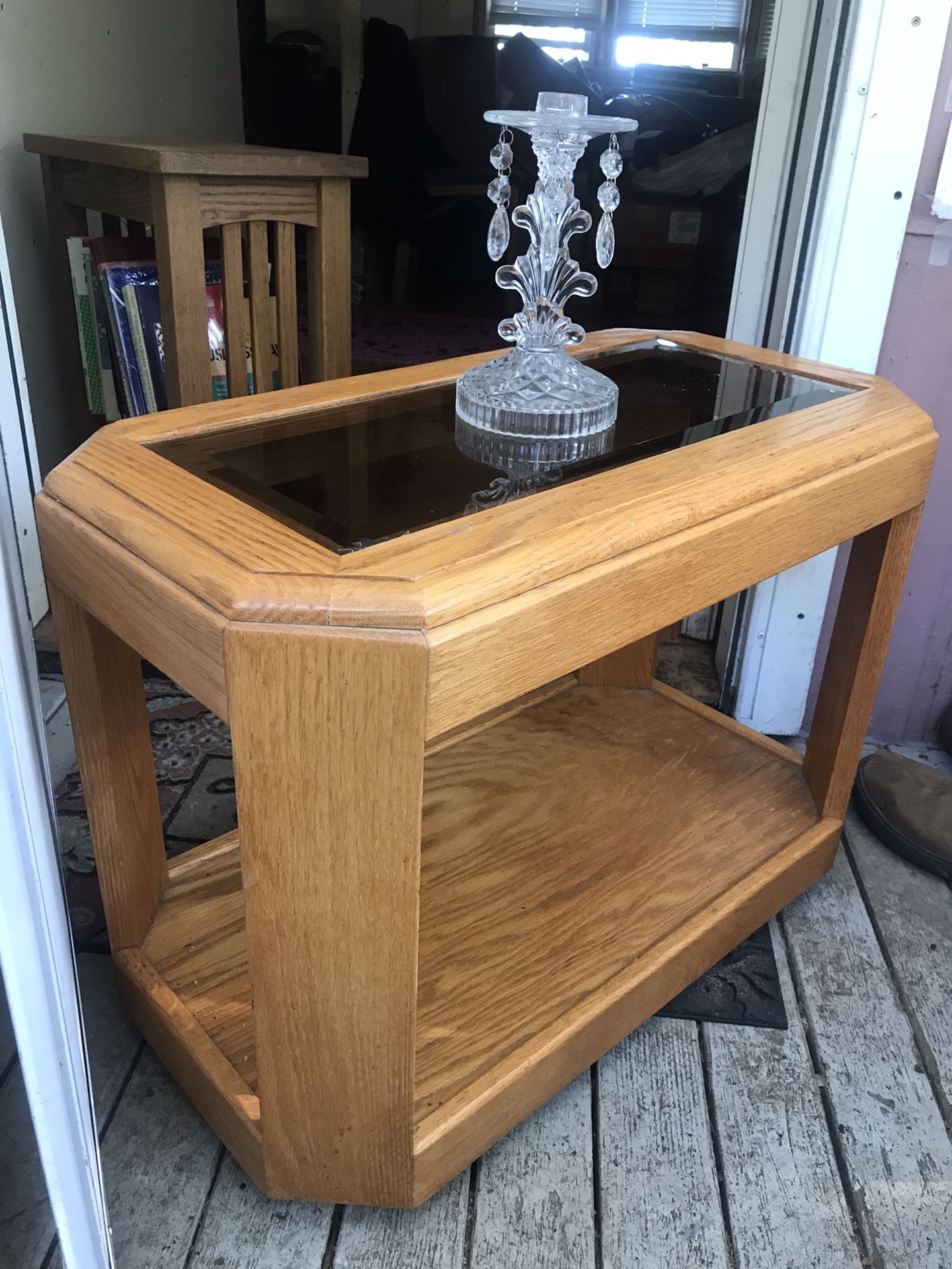 Oak End Table With Glass Top