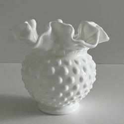 Vintage Fenton White Milk Glass Hobnail Crimped Ruffled Edge Vase