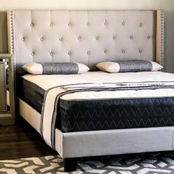 Brand New Queen Size Beige Tuffed Linen Bed Frame With New Mattress/Fast Delivery