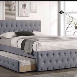 New In Box FULL BED W/TRUNDLE-LIGHT GREY BURLAP And 2 Mattresses.