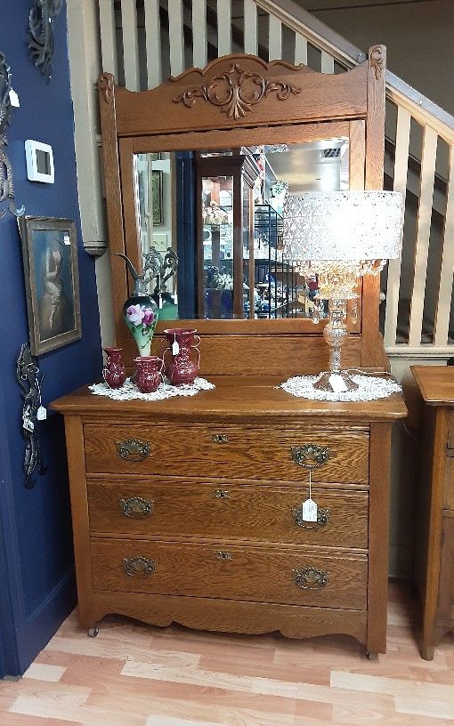 Antique Oak 3 Drawer Dresser With Mirror- Located In Shelton