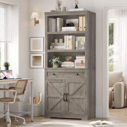 72"H 30"W Standard Bookcase with Open Bookshelves and Drawer, Farmhouse Bookshelf with Storage, Floor Standing 6 Shelf Display Storage Cabinet