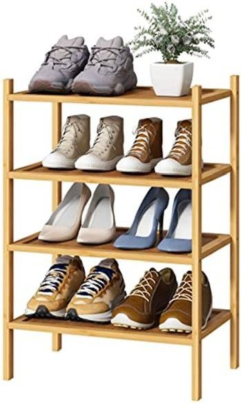 kiplant Small Shoe Rack, 4-Tier Bamboo Wood Shoe Rack for Entryway, Stackable Shoe Organizer for Hallway Closet, Free Standing Shoe Racks for Indoor &
