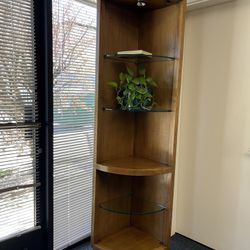 wood corner shelf/cabinet with lights and adjustable glass shelves