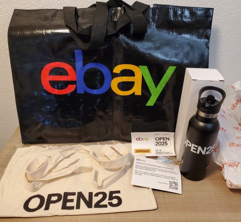 eBay Open 2025 Las Vegas swag lot, Two large totes, Metal Water Bottle, Pin, Stickers