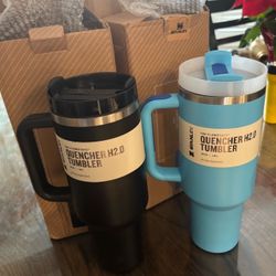 for 2 TWO Stanley Drinking Cups Black & Blue Silver w/ Straw Brand New 40oz