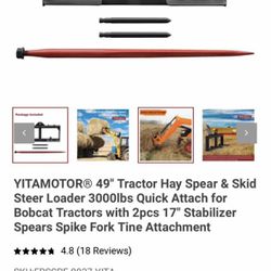 Tractor Hay Spear & Skid Steer Loader 3000lbs Quick Attach for Bobcat Tractors with 2pcs 17" Stabilizer Spears Spike Fork Tine Attachment