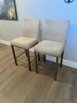 TWO Woven Cream Beige Textured Tweed Upholstery Fabric Counter Stools w/ Champagne Gold Metal Base