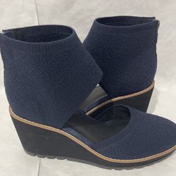 Eileen Fisher Alec Wedge Pump Sandals Size 8 Platform Back Zipper Navy/Dark Blue