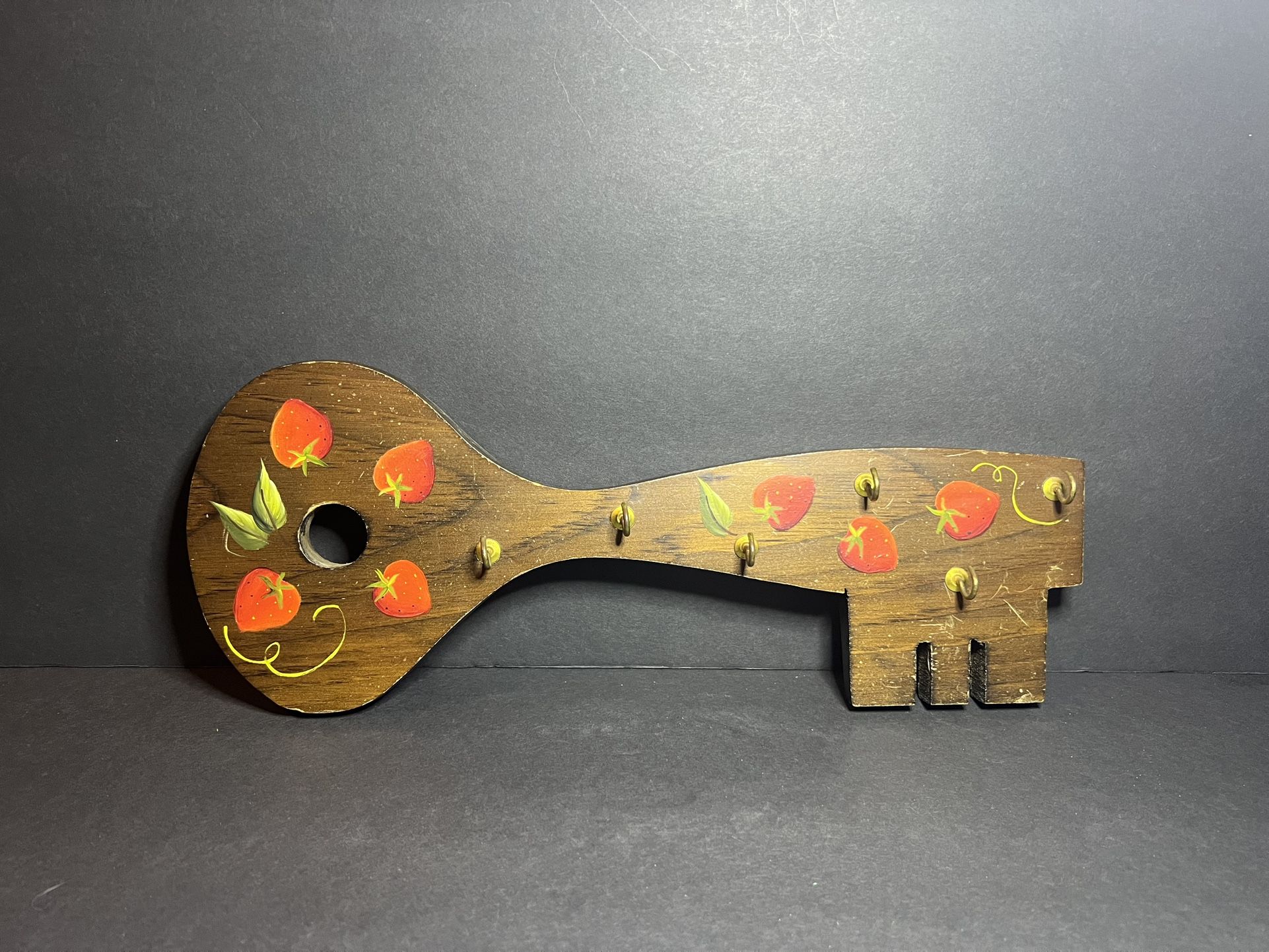 Vintage Retro Wooden Key Shaped Hand Painted Strawberries Key Hanger Holder