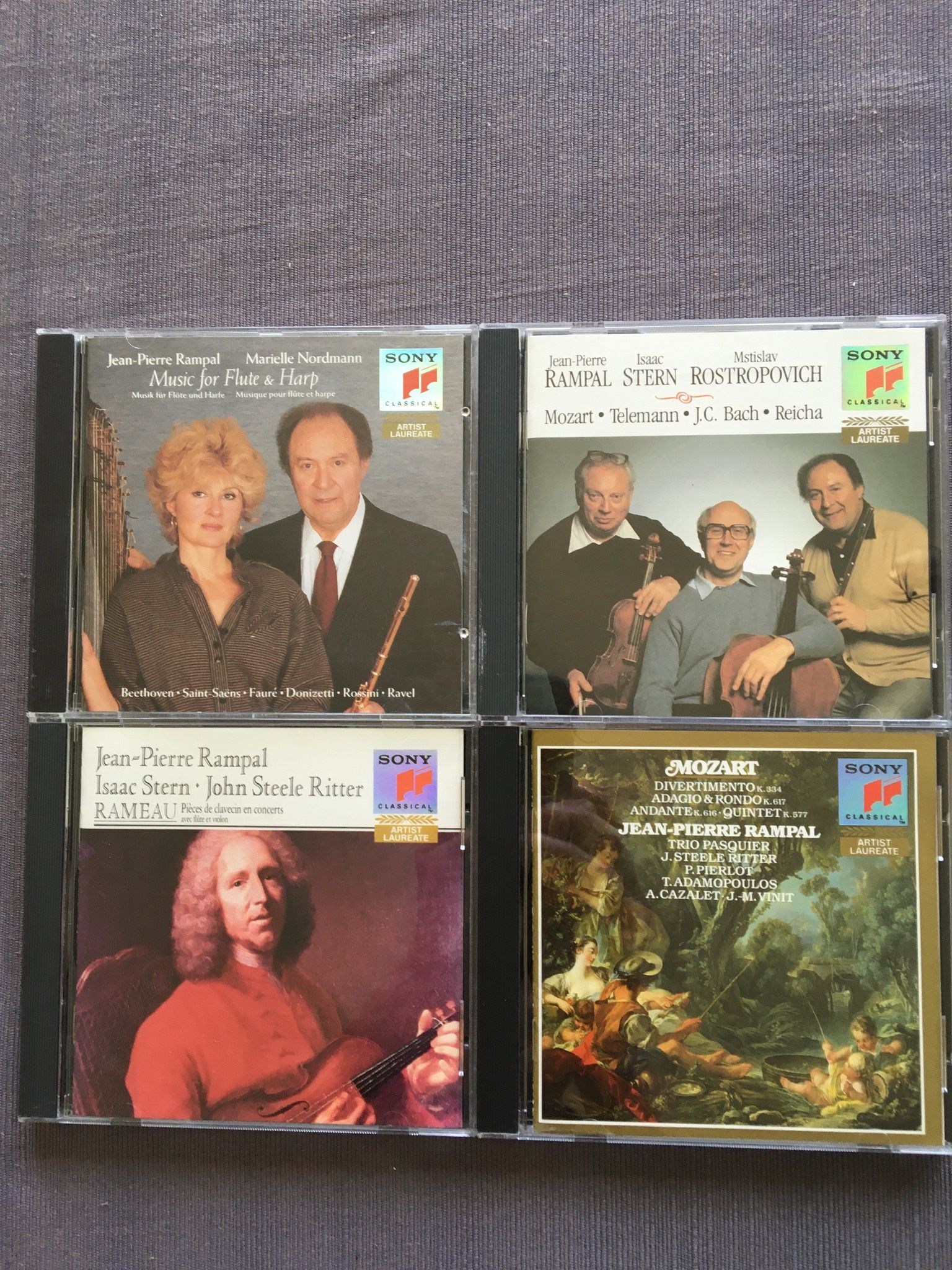 High End Classical Chamber Music For String & Wind, lot of 4 CDs new/excellent conditions. Rampal, Stern & Rostropovich play Mozart, Telemann, Bach an