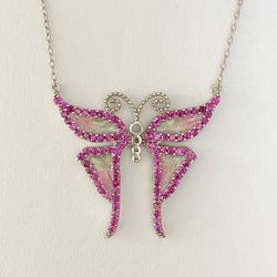 Handmade 925 silver pink enamel butterfly necklace