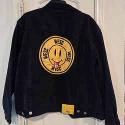 Wesc Jean Jacket Button Up Black Smiley Face Patch Unisex Mens L / Womens XL