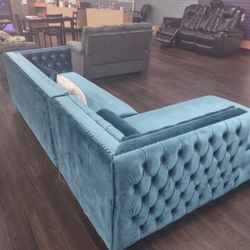 TEAL VELVET SECTIONAL SOFA SET 